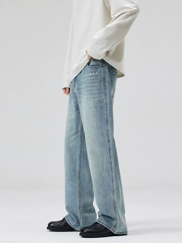 Jean Light blue men's washed high street straight versatile jeans Size US 32 / EU 48 - 3 Thumbnail