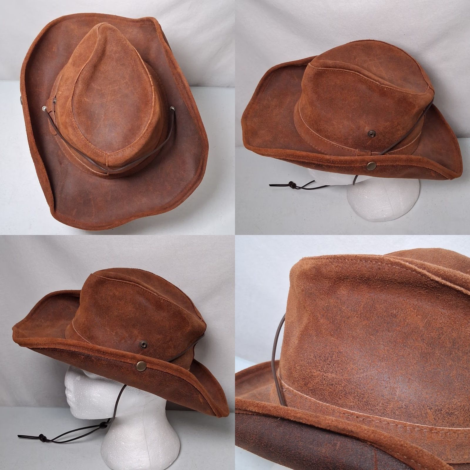 Minnetonka VINTAGE Minnetonka The Aussie Hat Leather Hat Small Brown Men S Brown Leather Strap Snap Western Ranch Boho Outback Australian Cowboy Western Hat - Size ONE SIZE - 8 Thumbnail