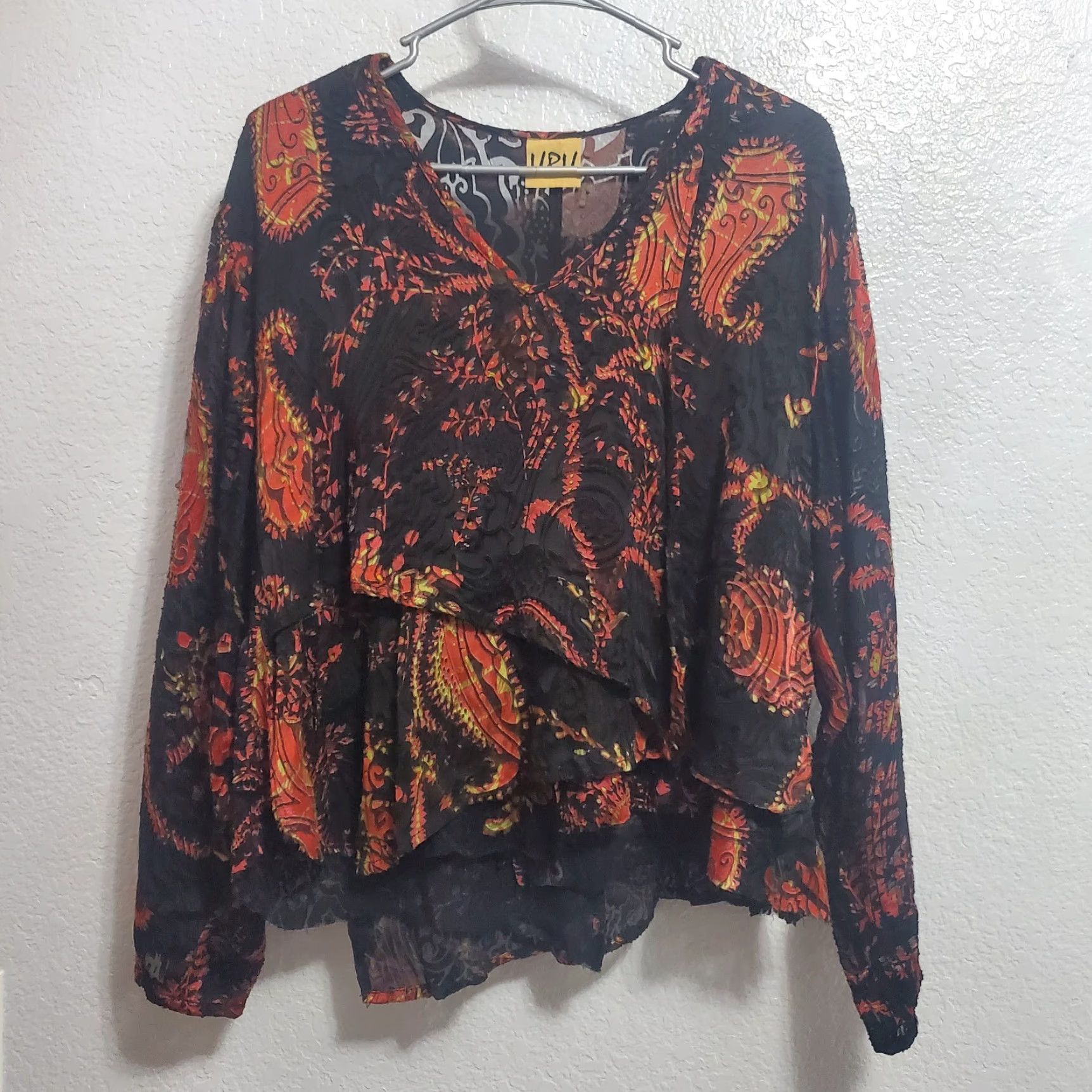 Vintage VINTAGE URU Top Women OS Black Layered Silk Blend Boho Paisley Burnout V-Neck Long Sleeve Boxy Relaxed Fit Pullover Size ONE SIZE - 2 Thumbnail