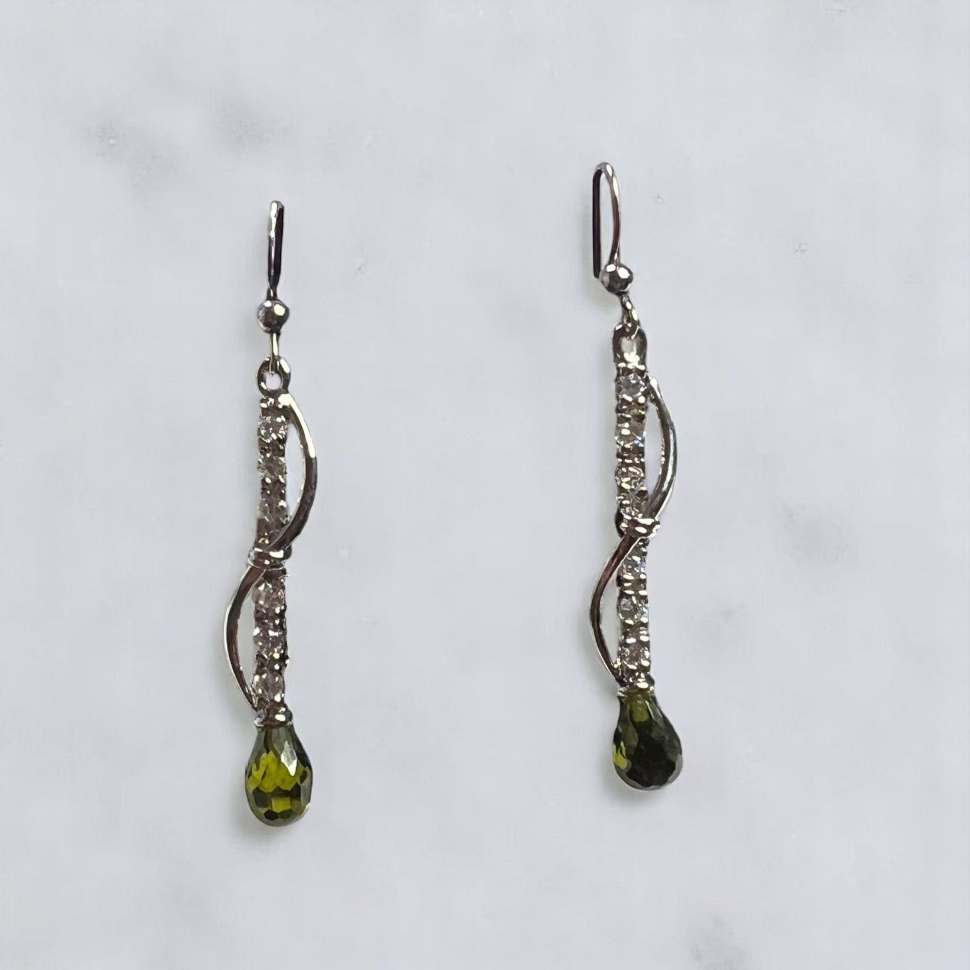 Designer Silver-Tone Drop Earrings With Green Teardrop & CZ Accents Size ONE SIZE - 1 Thumbnail