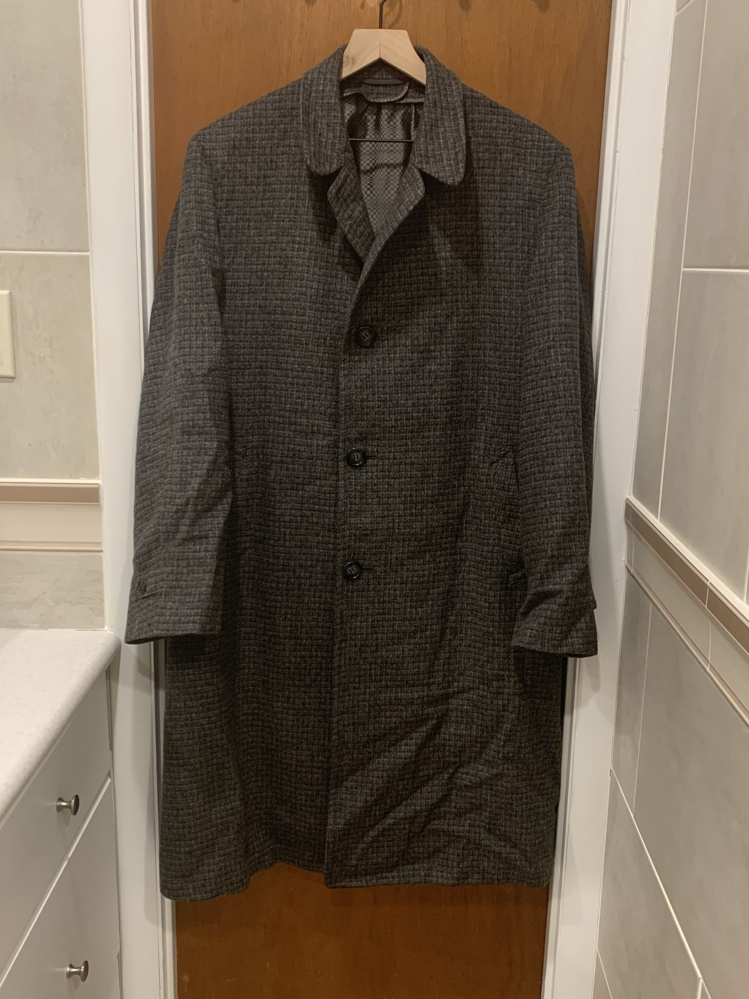 image of Vintage 1960's Curlee Clothes Tweed Wool Trench Coat in Grey, Men's (Size XL)