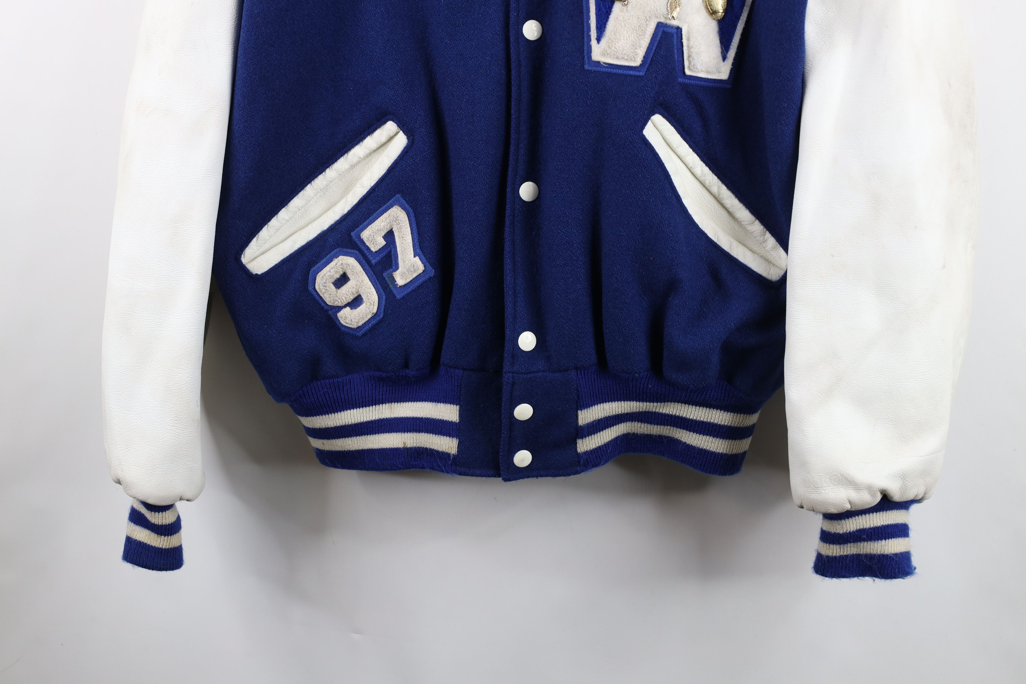 Vintage Vintage 90s Wool Leather Varsity Letterman Jacket Blue USA Size US XL / EU 56 / 4 - 3 Thumbnail
