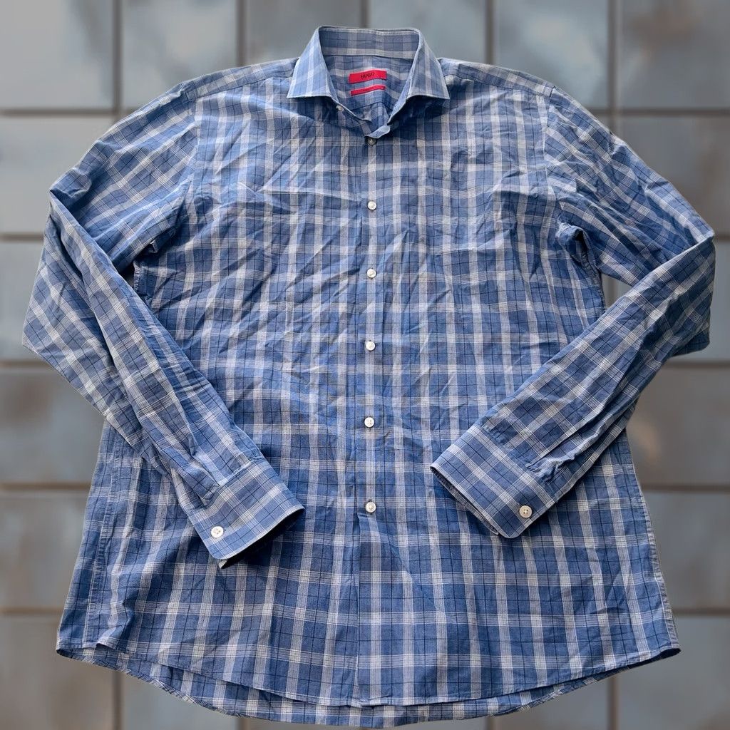 Hugo Boss HUGO BOSS Dress Shirt Blue White Plaid 16.5 36/37 Sharp Fit 100% Cotton Formal Casual Mens Regular Slim Collar Spread Barrel Cuff Size 46R - 1 Thumbnail