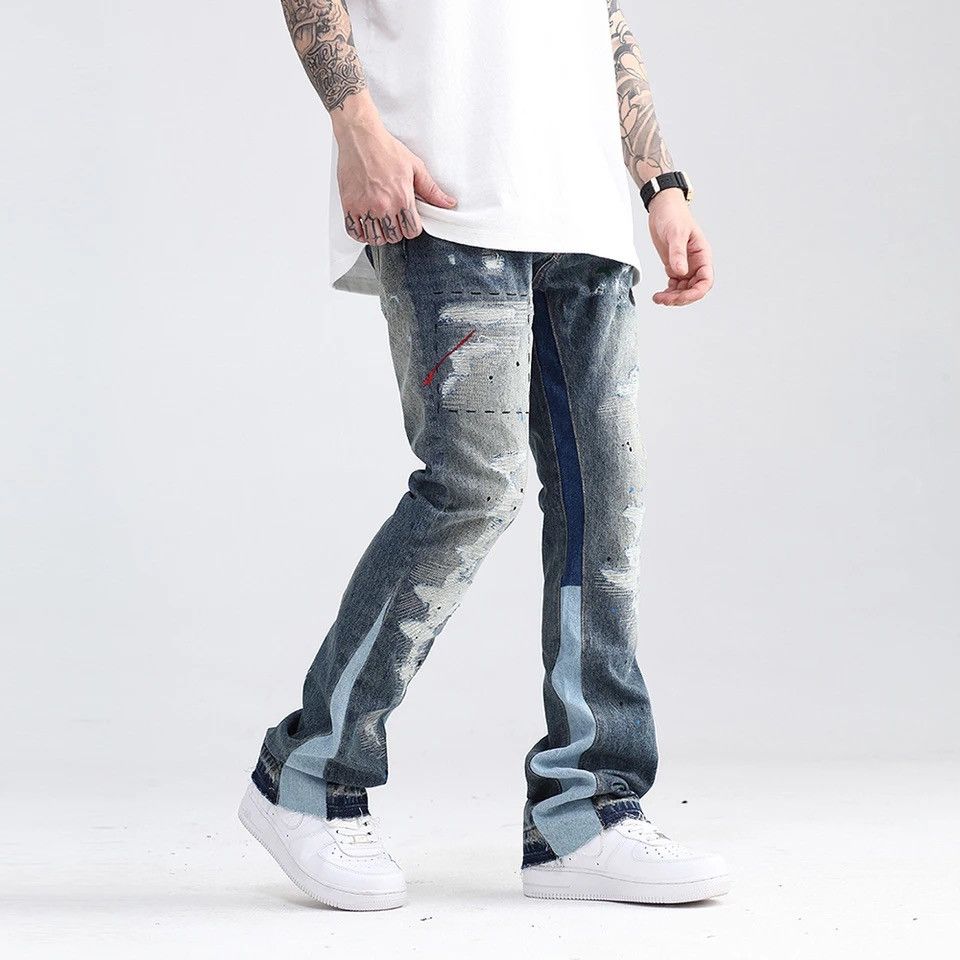Blue Speckle ink Washed Destroyed Flared Jean