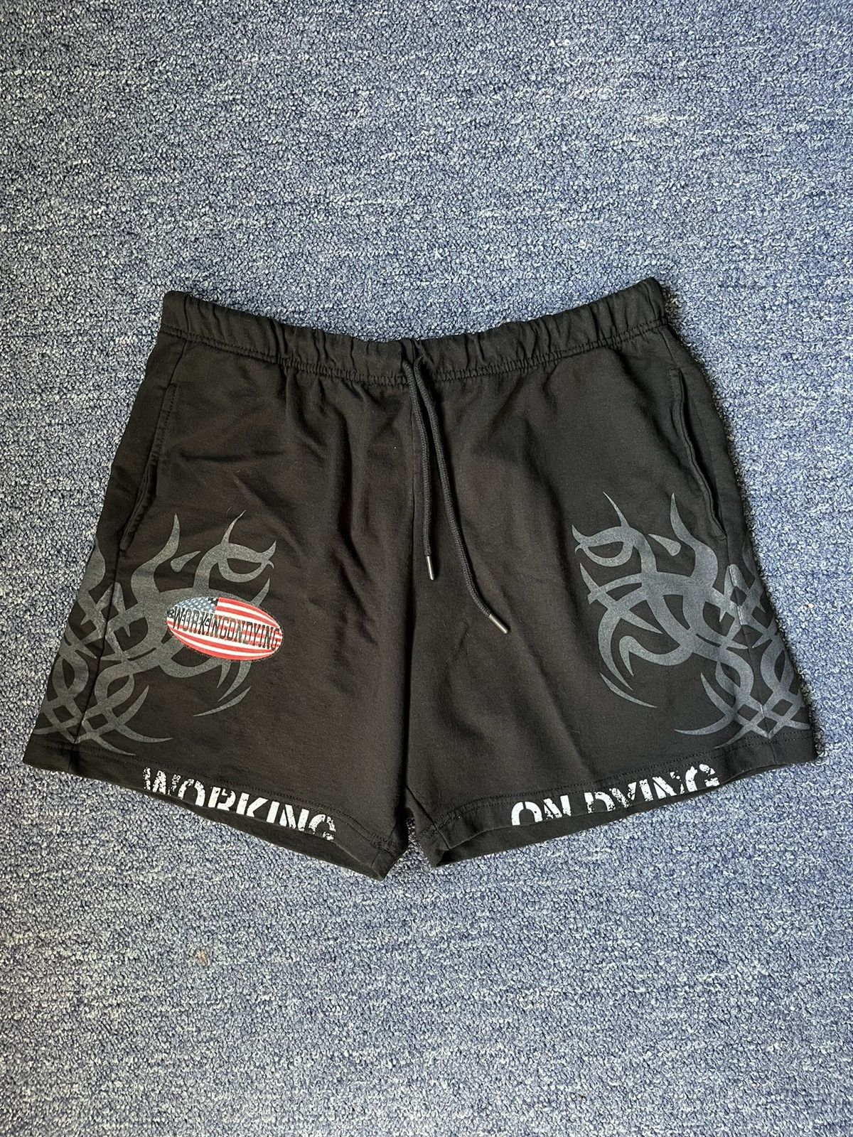 image of Drain Gang x Goth&money Working On Dying Flag Shorts Black / White | M, Men's (Size 32)