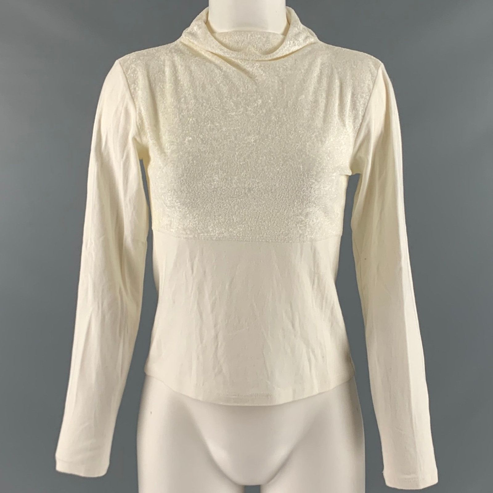 ISSEY MIYAKE S Cream Acetate Polyester Mock Neck Casual Top