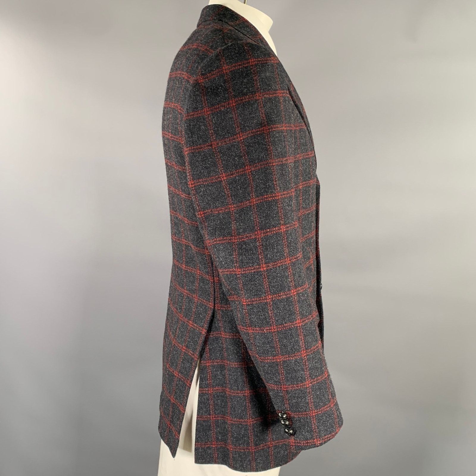 Brioni BRIONI Regular Grey Red Window Pane Wool Sport Coat Size 40R - 3 Thumbnail