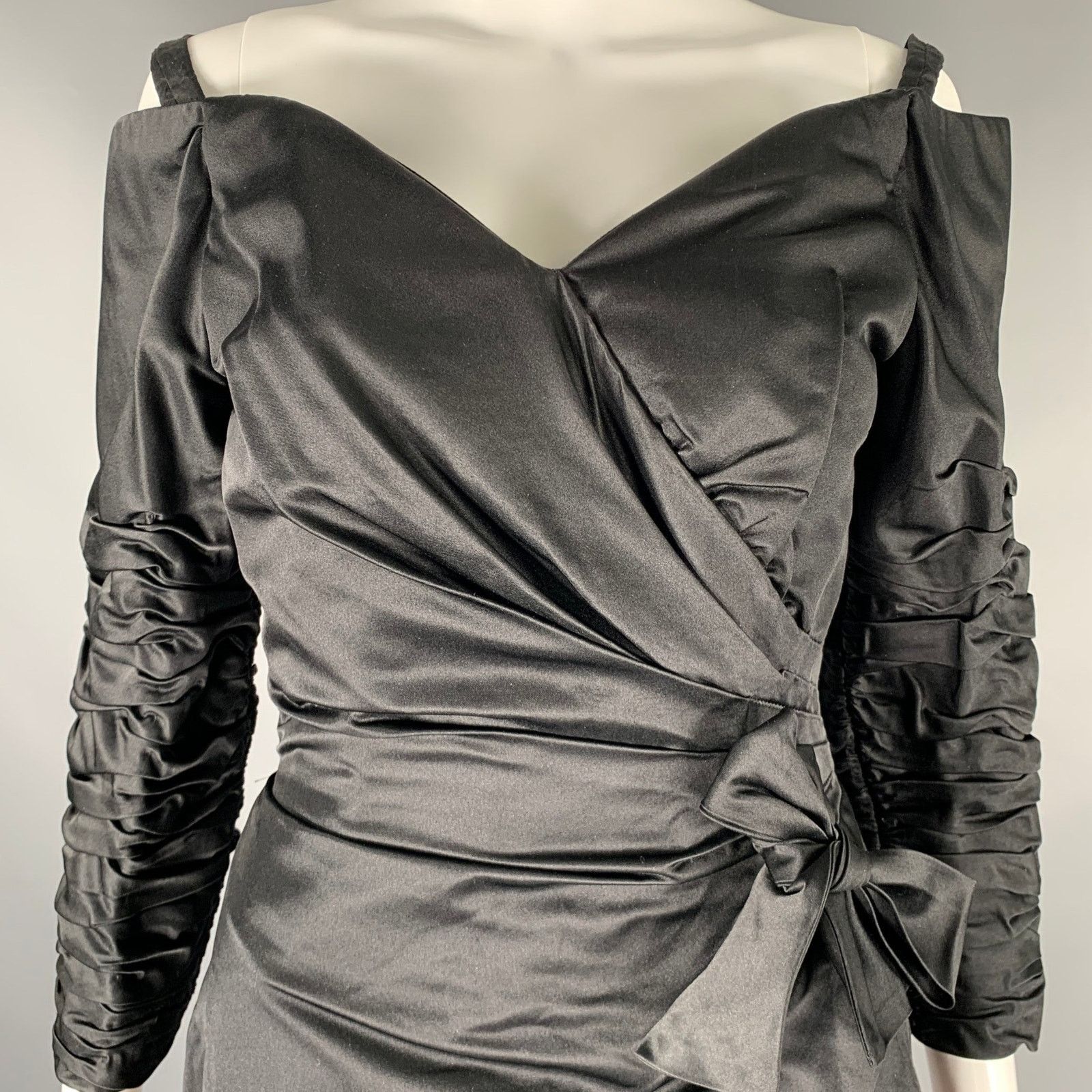 Other Vintage Black Silk Rayon Ruched Off-Shoulder Cocktail Dress Size S / US 4 / IT 40 - 2 Thumbnail