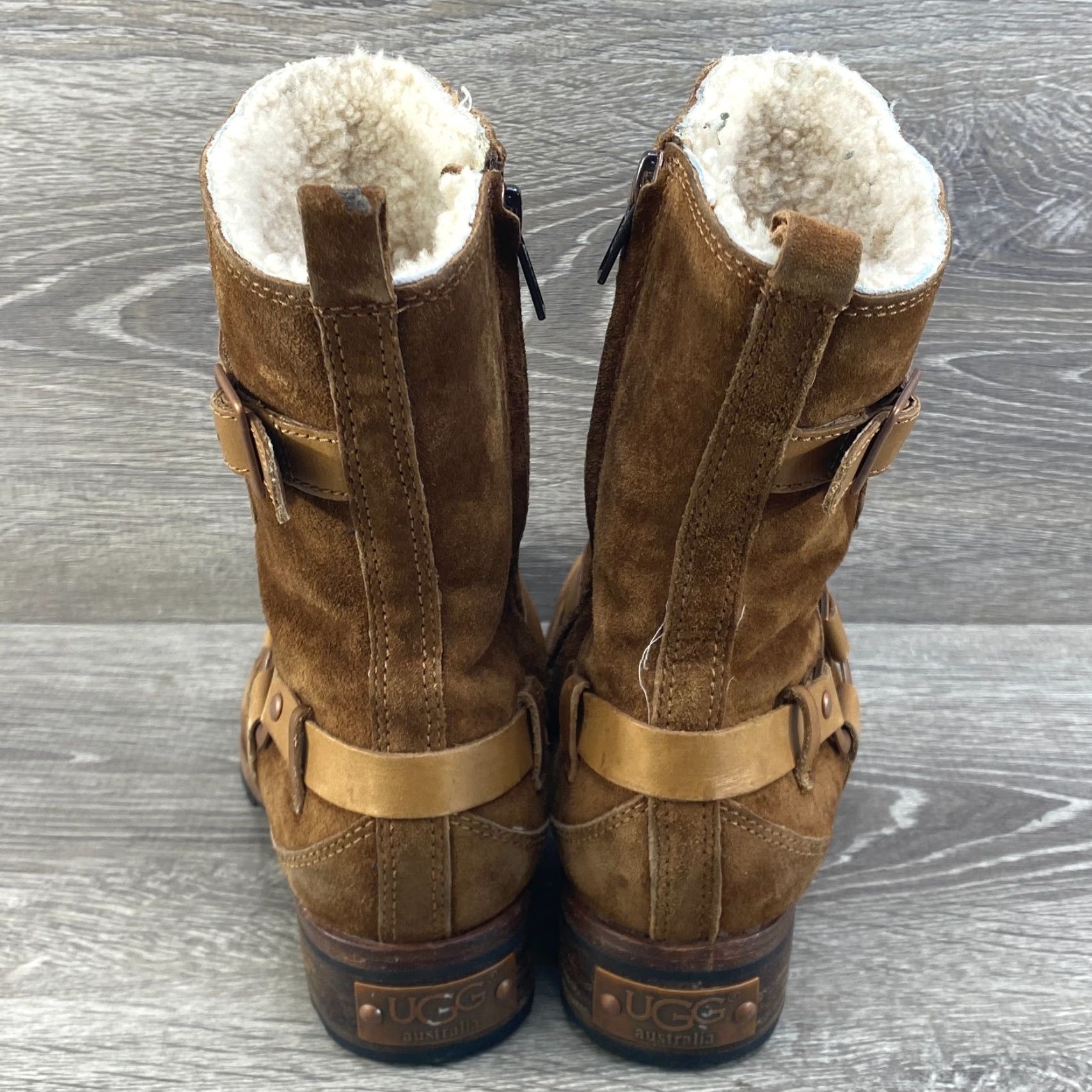 Ugg UGG Womens 6.5 Biker Boots Motorcycle Brown Suede Leather Endell Harness Shearling Size US 5 / IT 35 - 6 Thumbnail