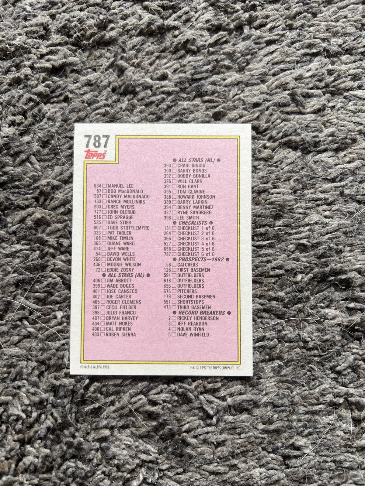 MLB 1992 Topps #787 Baseball Checklist Card Size ONE SIZE - 2 Thumbnail