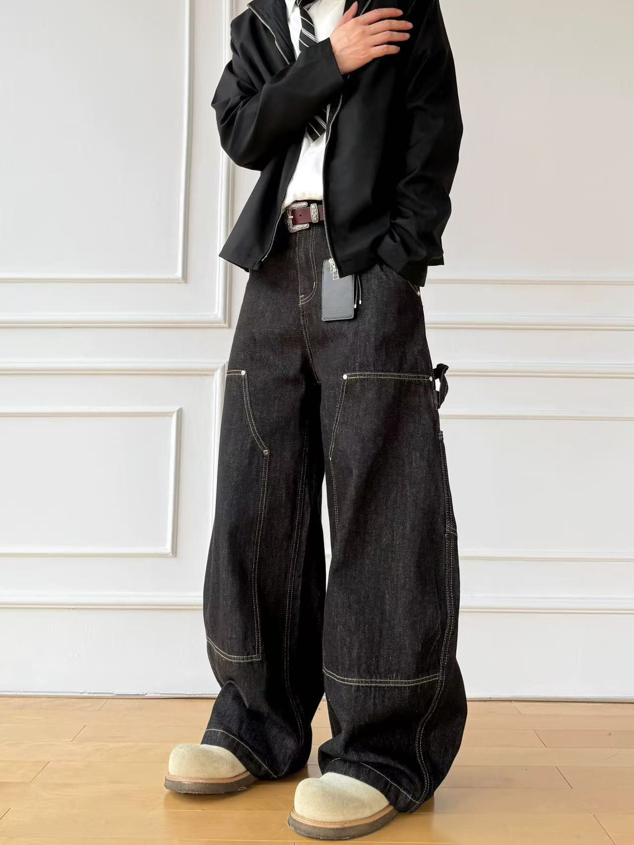 Japanese Brand Washed men's loose casual wide-leg cargo jeans with curved Size US 32 / EU 48 - 3 Thumbnail