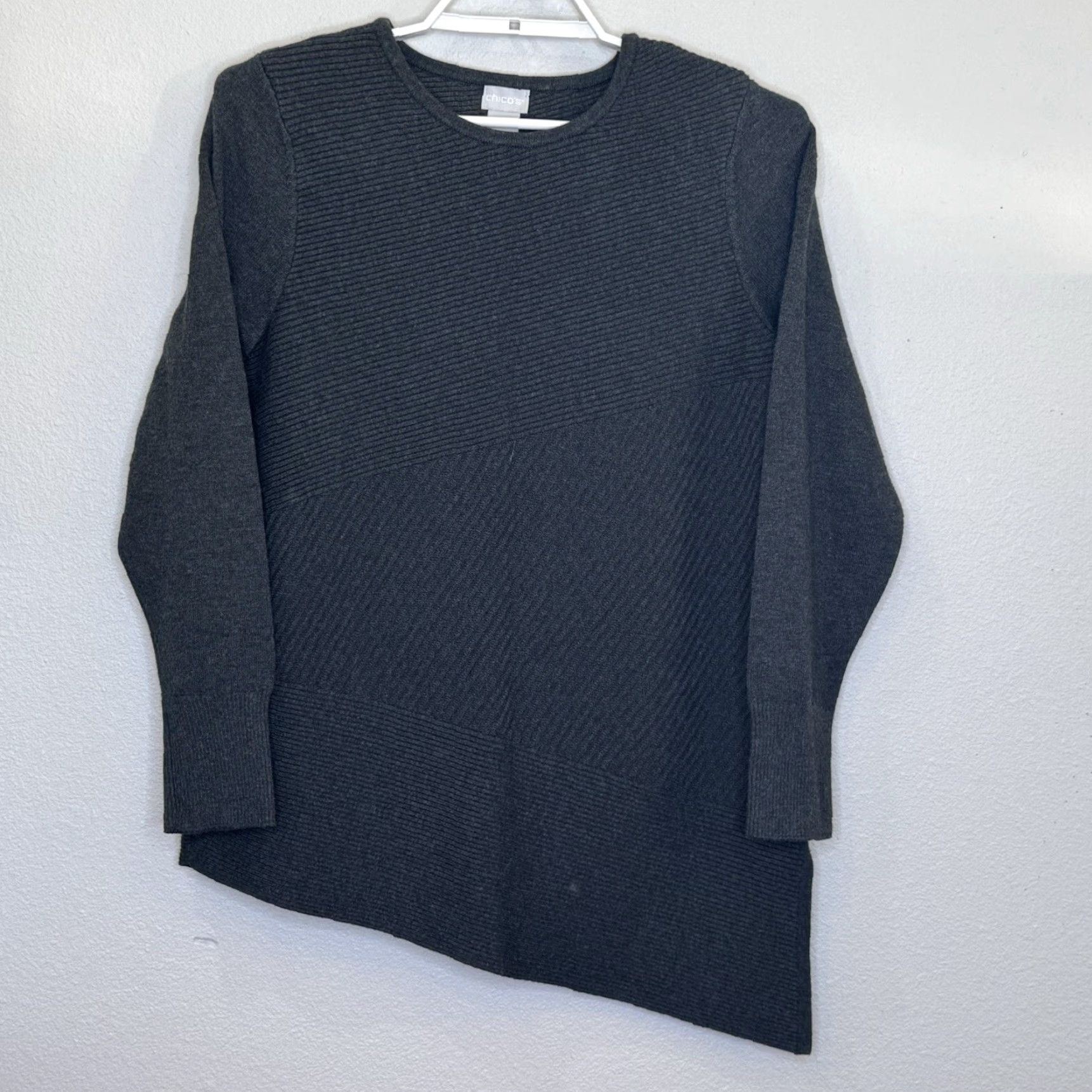 Vintage Chico’s Women’s Pullover Sweater Long Sleeve Size M Gray Textured Stripe Asymmetrical Hem Knit Tunic Size M / US 6-8 / IT 42-44 - 2 Thumbnail