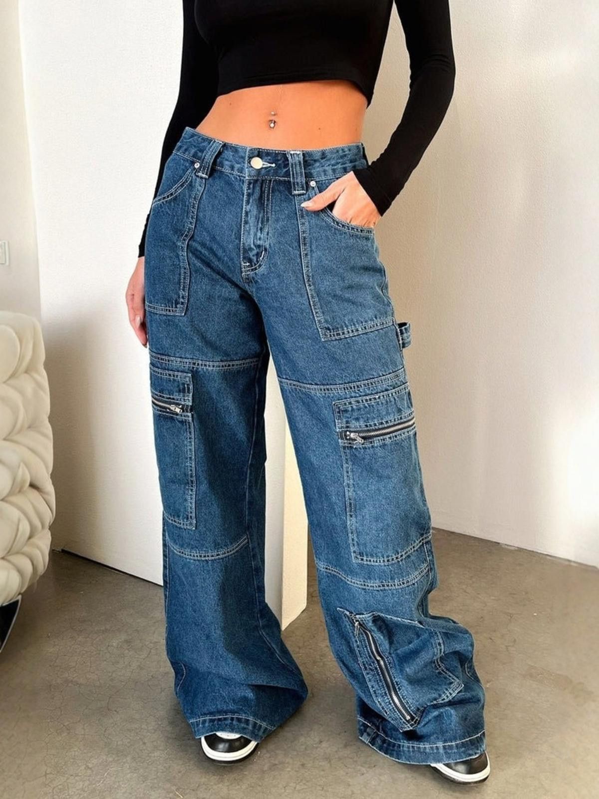 Other Wide Leg Dark Blue Denim Cargo Jeans Zipper Pockets S,M,L,XL Size 32" / US 10 / IT 46 - 1 Thumbnail