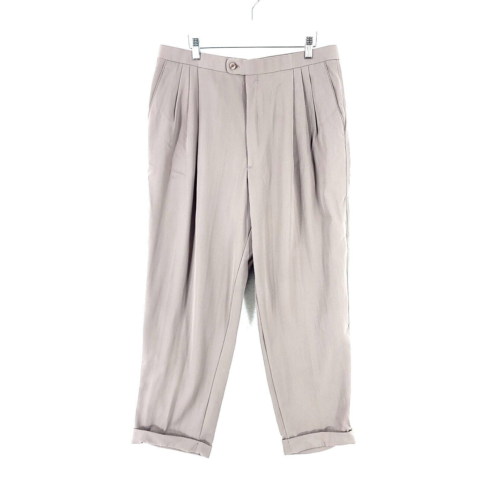 Designer Greg Peters Gray Beige No Belt Loops Wool Pleated Cuffed Dre Size 34S - 1 Thumbnail