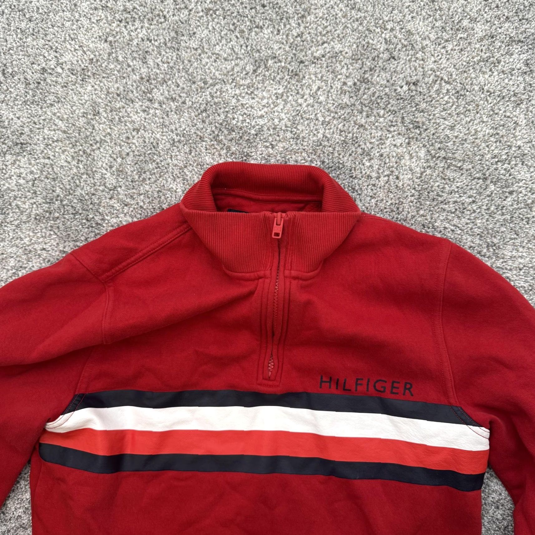 Tommy Hilfiger VINTAGE Tommy Hilfiger 1/4 Zip Sweatshirt Striped Red Navy White Small Mens Pullover Cotton Polyester Fleece 70s Preppy Golf Academia Size US S / EU 44-46 / 1 - 7 Thumbnail