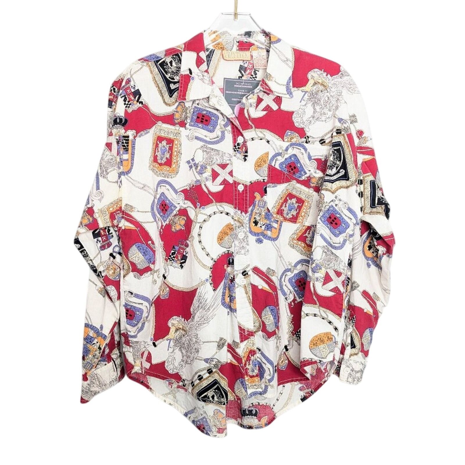 Vintage Vintage 90s Long Sleeve Royal Crest Shield Pattern Button Up Size L / US 10 / IT 46 - 1 Thumbnail