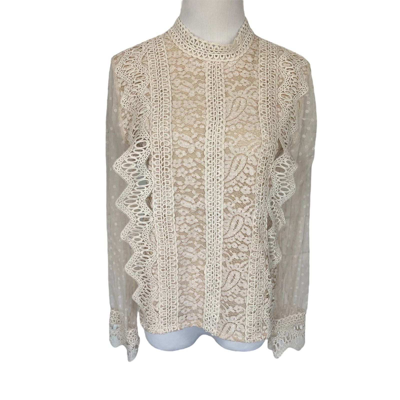 Other Smocked Neck Mesh Long Sleeve Elegant Victorian Sheer Blouse Size S / US 4 / IT 40 - 1 Thumbnail