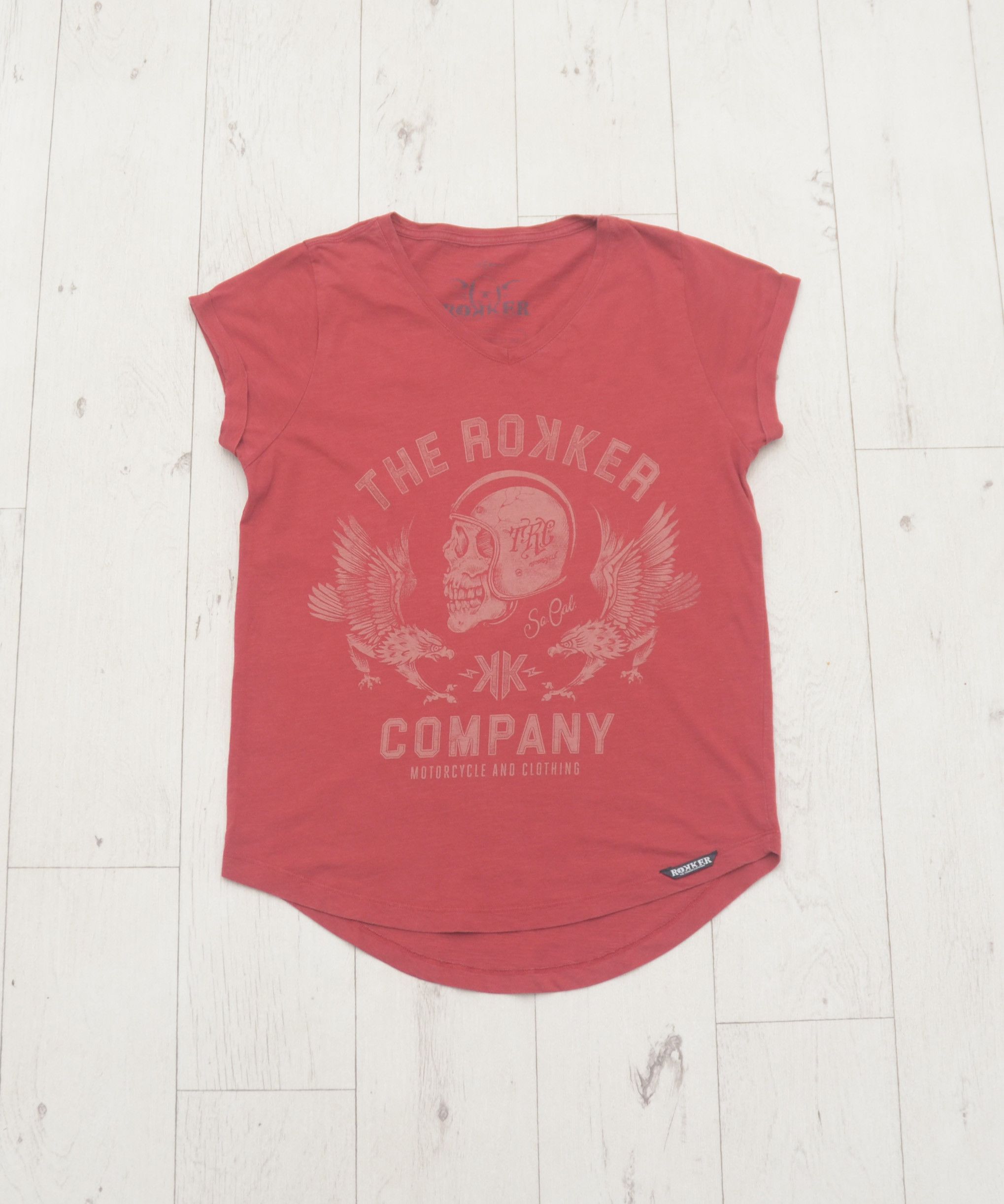 THE ROKKER COMPANY ROKKER Eagle Women’s Red V-Neck Skull T-Shirt sz S Size S / US 4 / IT 40 - 1 Thumbnail
