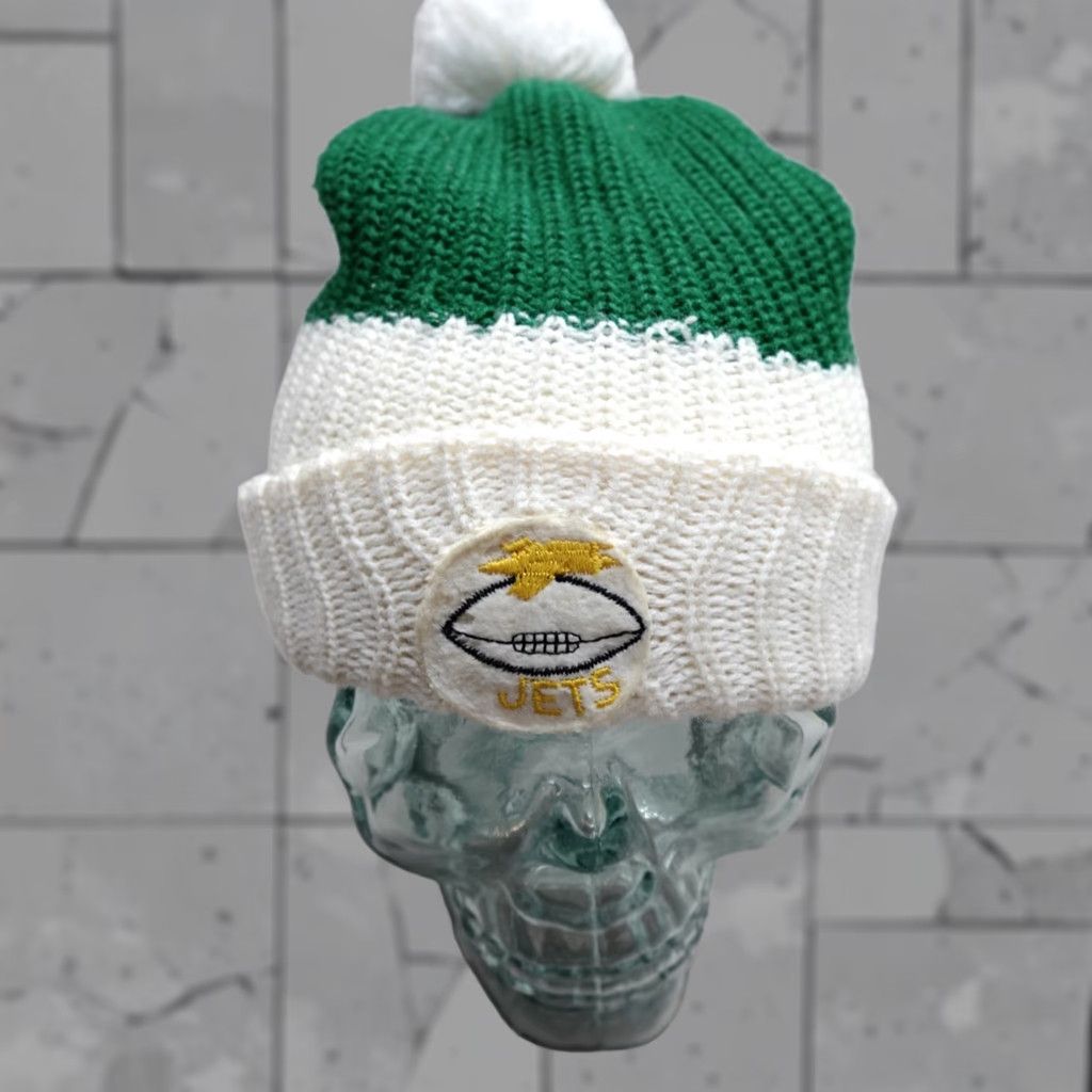 Vintage VINTAGE New York Jets White Green Hat Pom Pom Toboggan Felt Patch 70s Mens One Size White Beanie Acrylic Size ONE SIZE - 1 Thumbnail