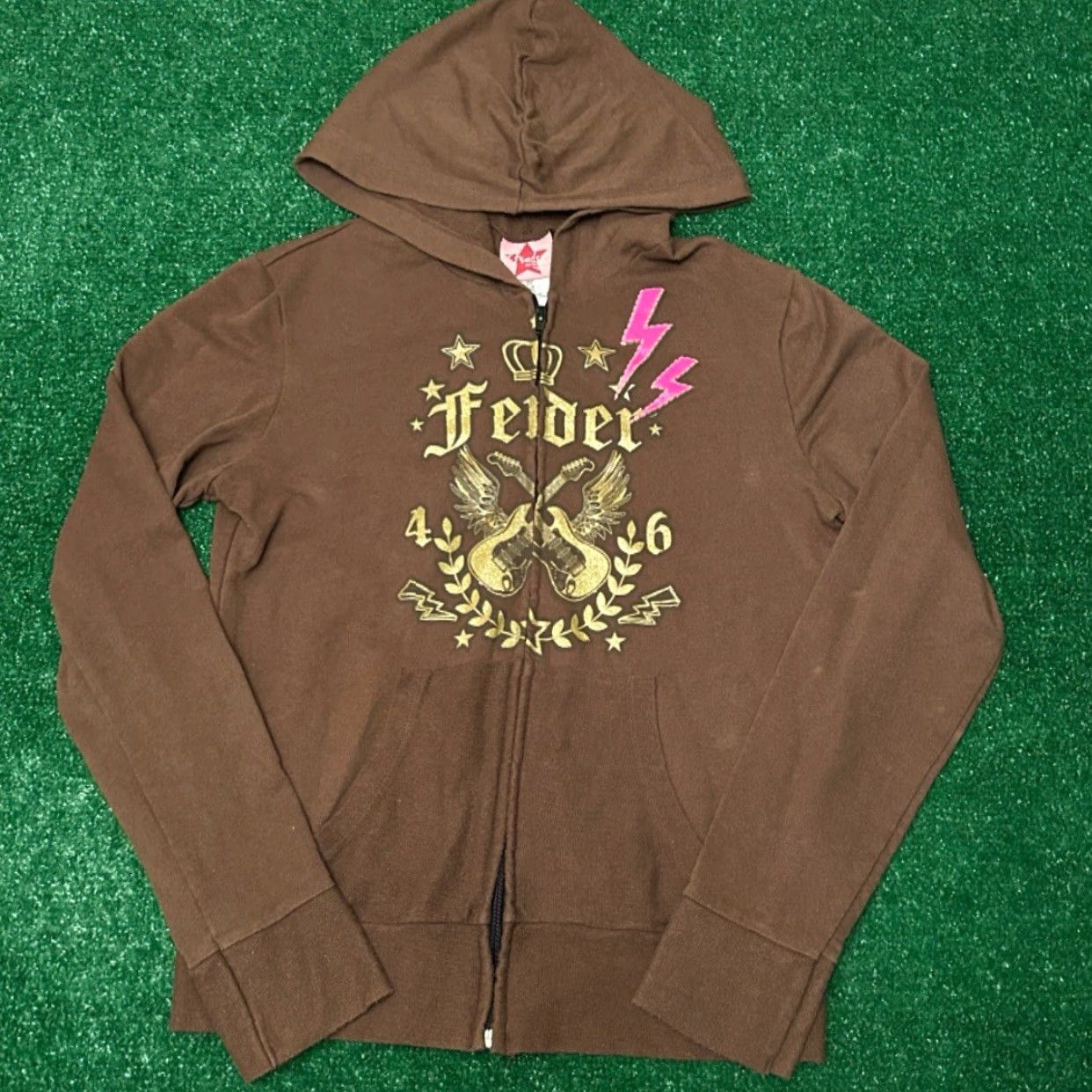 Fender VINTAGE Fender Wings Rock Punk Grunge VTG Hoodie Jacket Womens Size M Brown Full Zip Hooded Guitar Emo Y2K Size M / US 6-8 / IT 42-44 - 3 Thumbnail