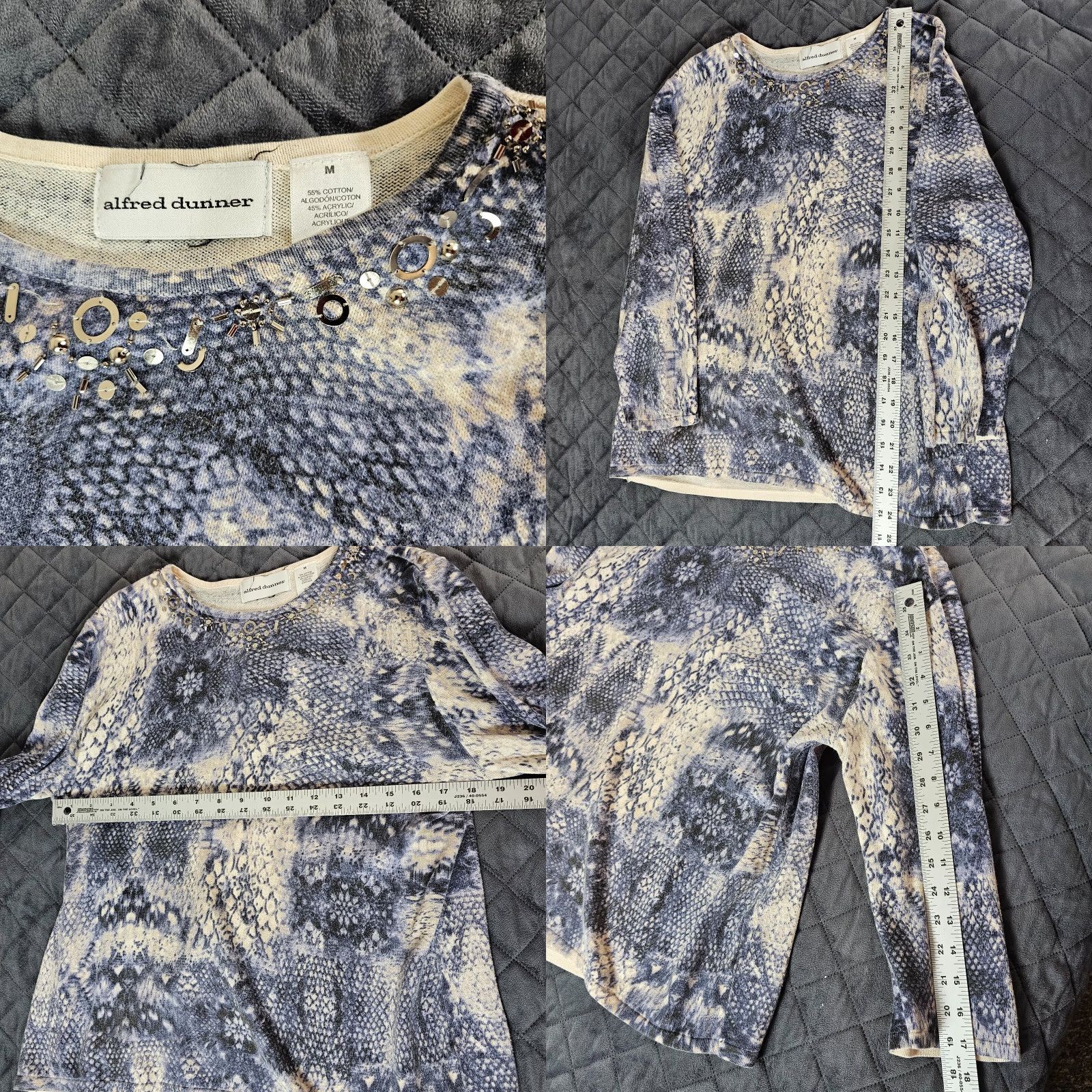 Vintage Alfred Dunner Blouse Women M Blue Cotton Spandex 3/4 Sleeve Round Neck Pullover Casual Snakeskin Pattern Womens Size M / US 6-8 / IT 42-44 - 8 Thumbnail