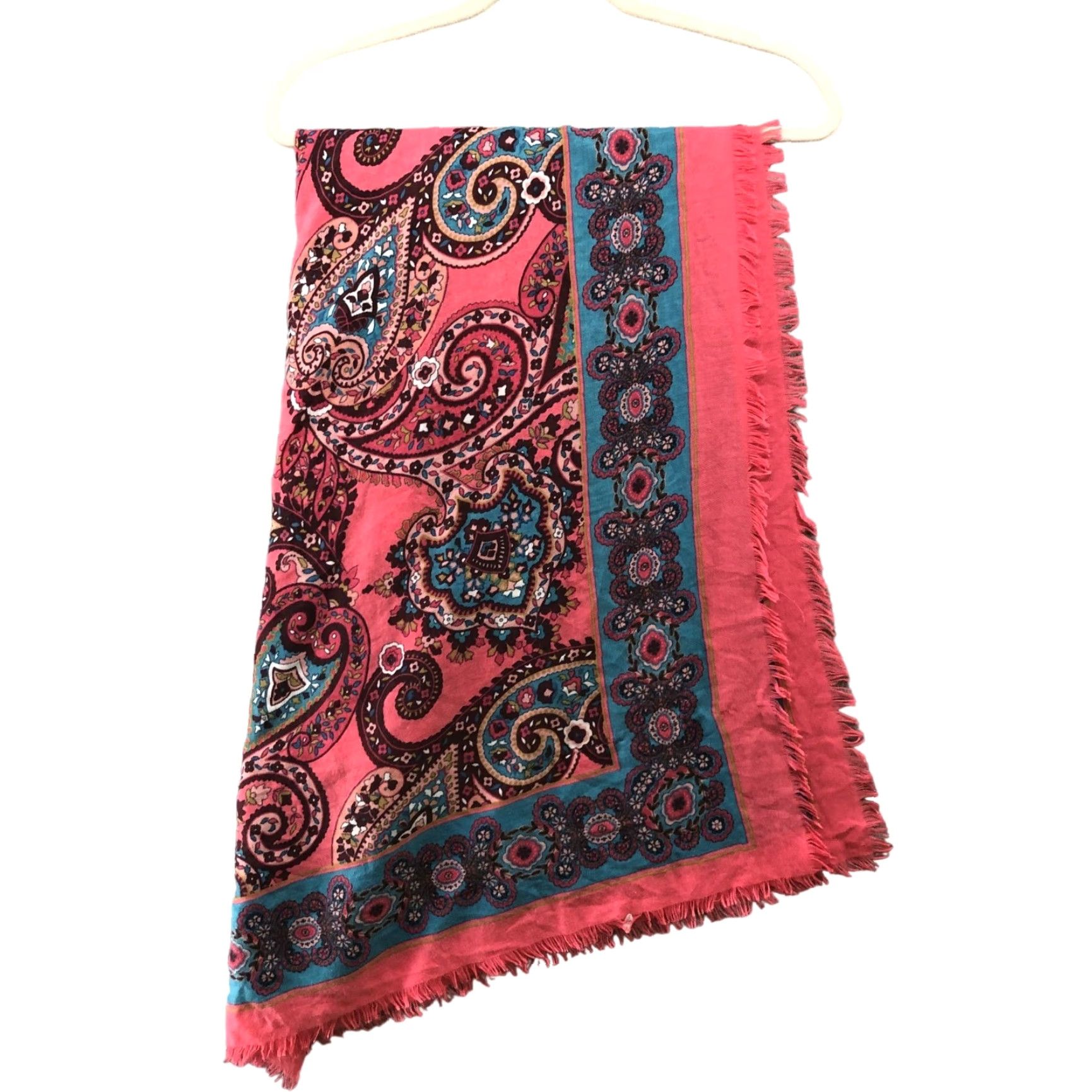 Loft VINTAGE Loft Square Fringe Scarf Womens Paisley Print Pink Blue Boho Shawl Neck Size ONE SIZE - 2 Thumbnail