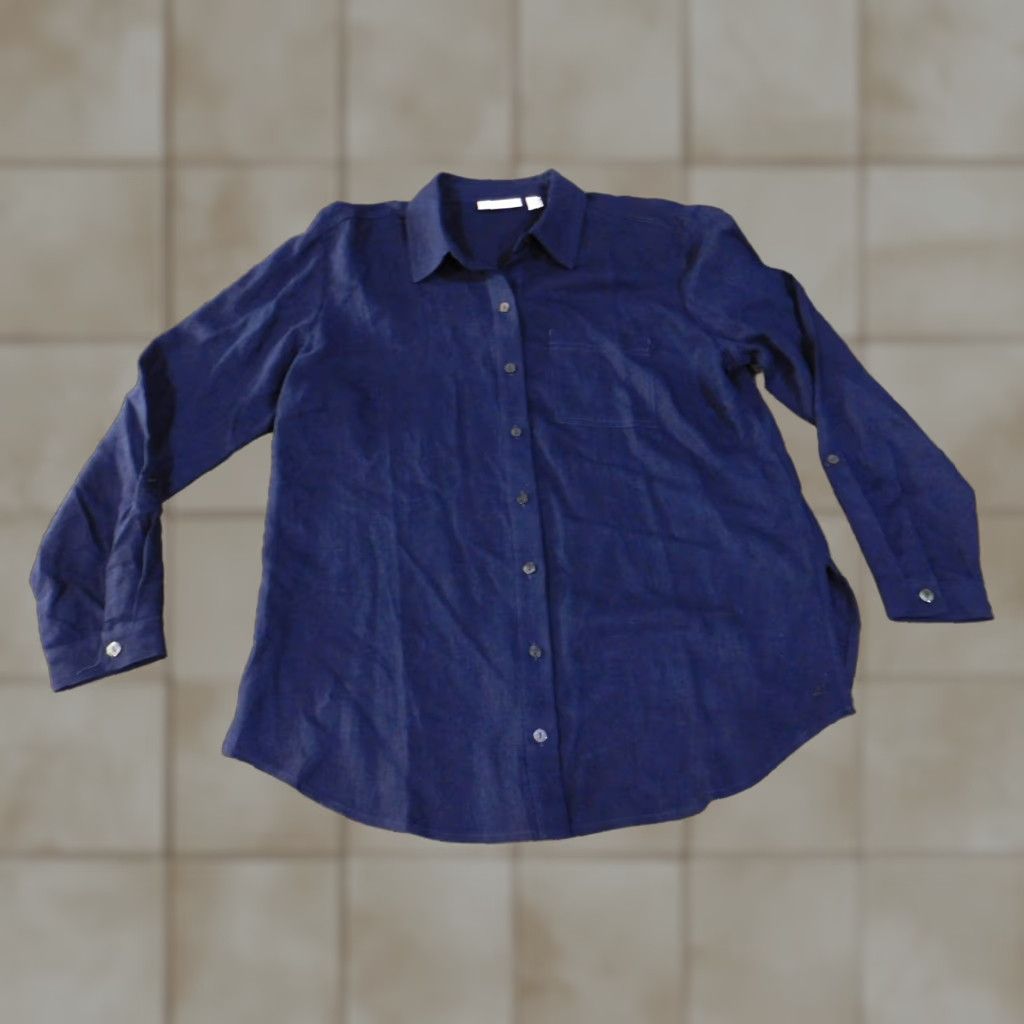 Vintage Susan Graver Shirt Womens Petite Small Navy Blue Linen Blend Button Front Casual Size S / US 4 / IT 40 - 1 Thumbnail