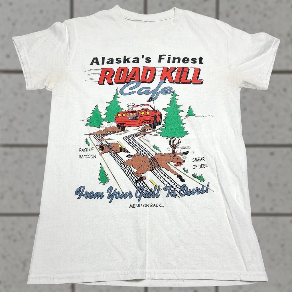Vintage VINTAGE Alaska's Road Kill Cafe Double-Sided Men's T-Shirt Size S 90's Crew Neck White Short Sleeve 1980-1989 Men Size US S / EU 44-46 / 1 - 1 Thumbnail