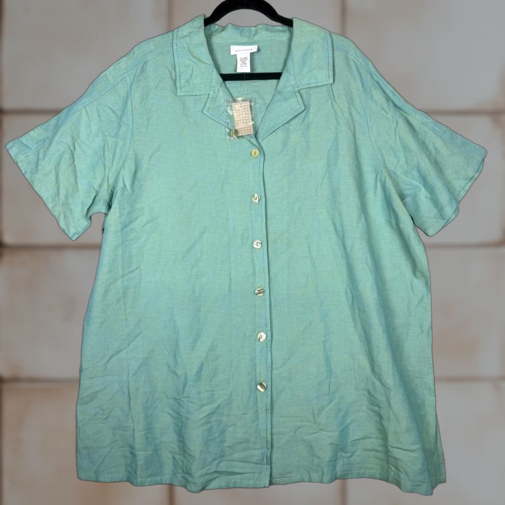 Avenue Avenue Shirt Button-Down Women Plus 18/20 Green Linen Blend Blue Brand New Top Size XXL / US 16-18 / IT 52-54 - 1 Thumbnail