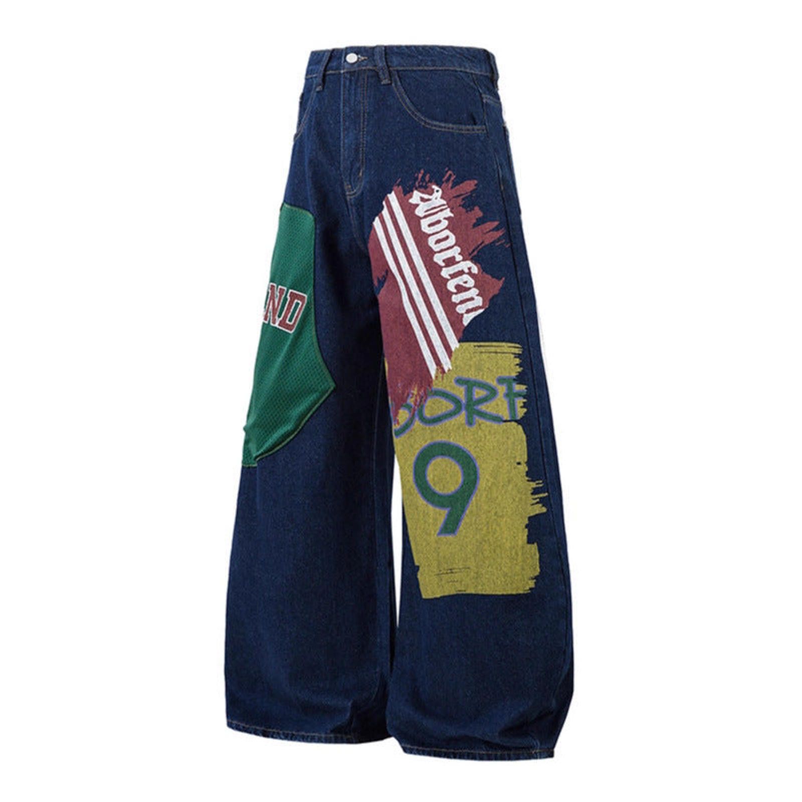 Japanese Brand Blue Wide Leg Barrel Denim Jeans with Graphic Patches Size US 32 / EU 48 - 2 Thumbnail