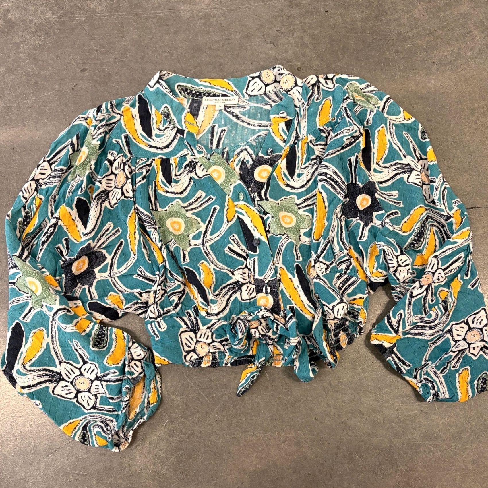 Vintage VINTAGE Christian Siranio Floral Abstract Teal Longsleeve Button Front Top S Womens Blouse Size S / US 4 / IT 40 - 2 Thumbnail