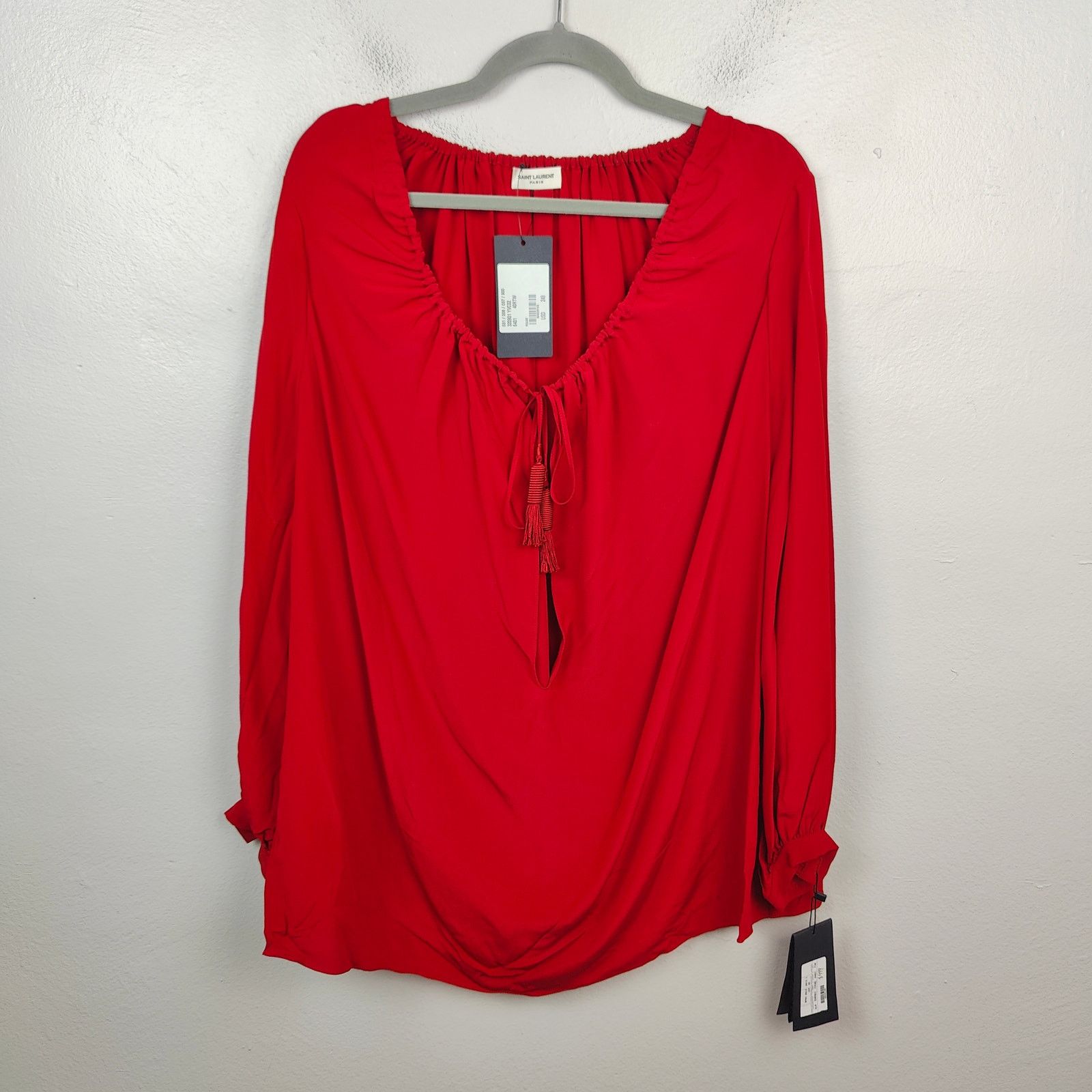 Saint Laurent Blouse Womens FR 40 US 8 Red Silk Puff Sleeve