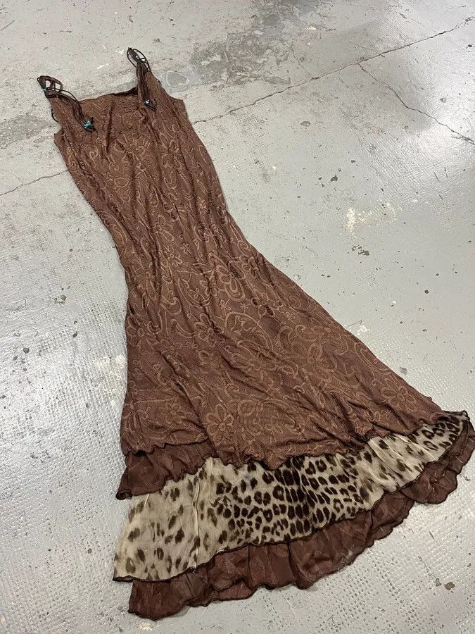 Roberto Cavalli 2000s Roberto Cavalli Class Brown Flowers & Leopard Dress Size M / US 6-8 / IT 42-44 - 5 Thumbnail