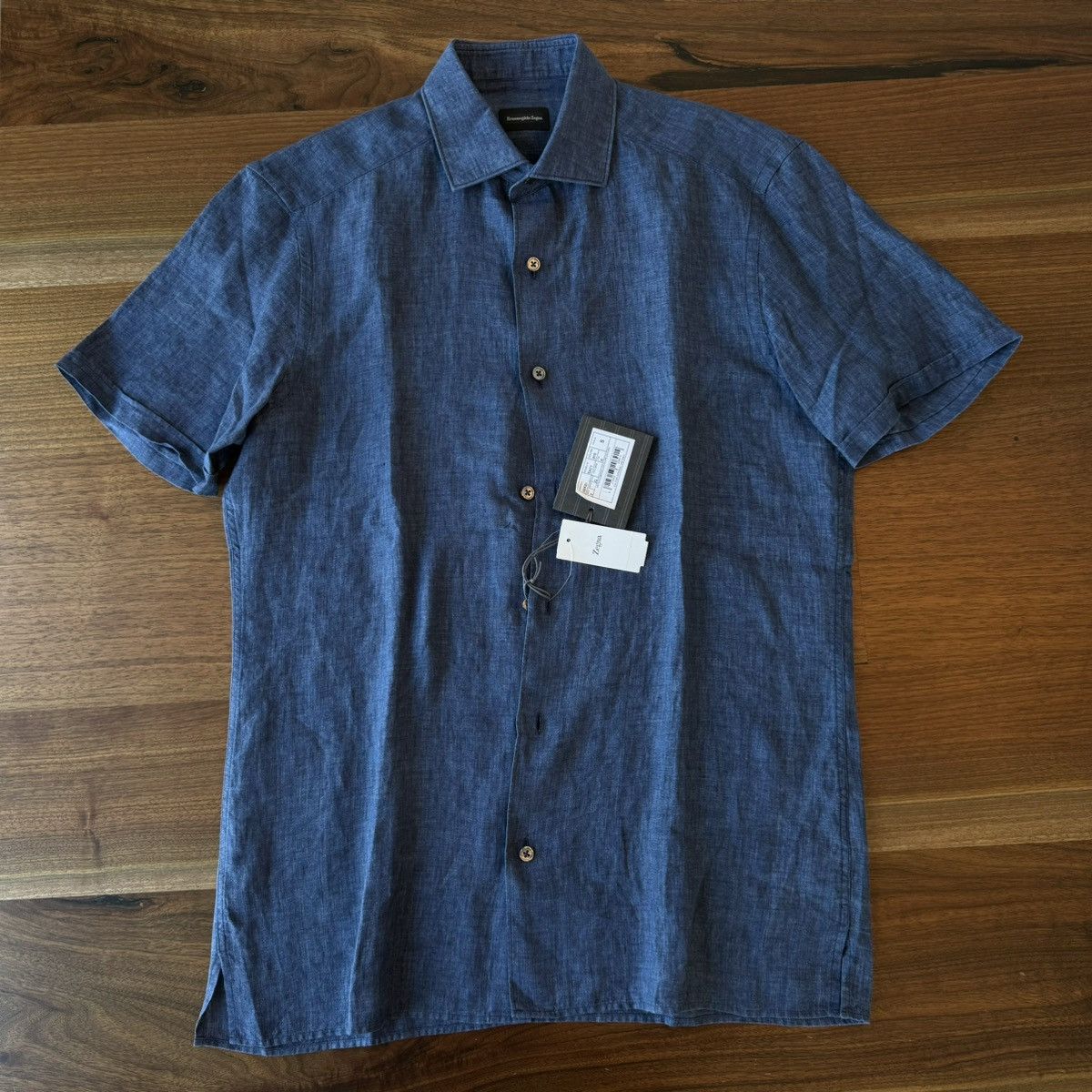 image of Ermenegildo Zegna Zegna Linen Button Down Short Sleeve Shirt - Blue - Small, Men's