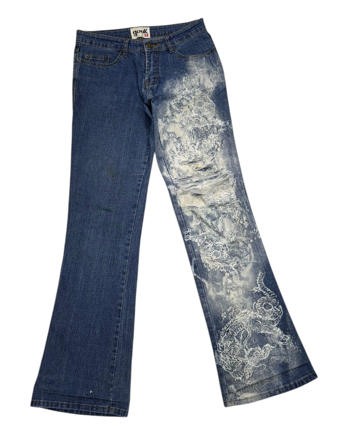 If Six Was Nine × Kapital Vintage Japanese Dragon Embroidery Gouk Flare Jeans Distress Size US 29 - 3 Thumbnail