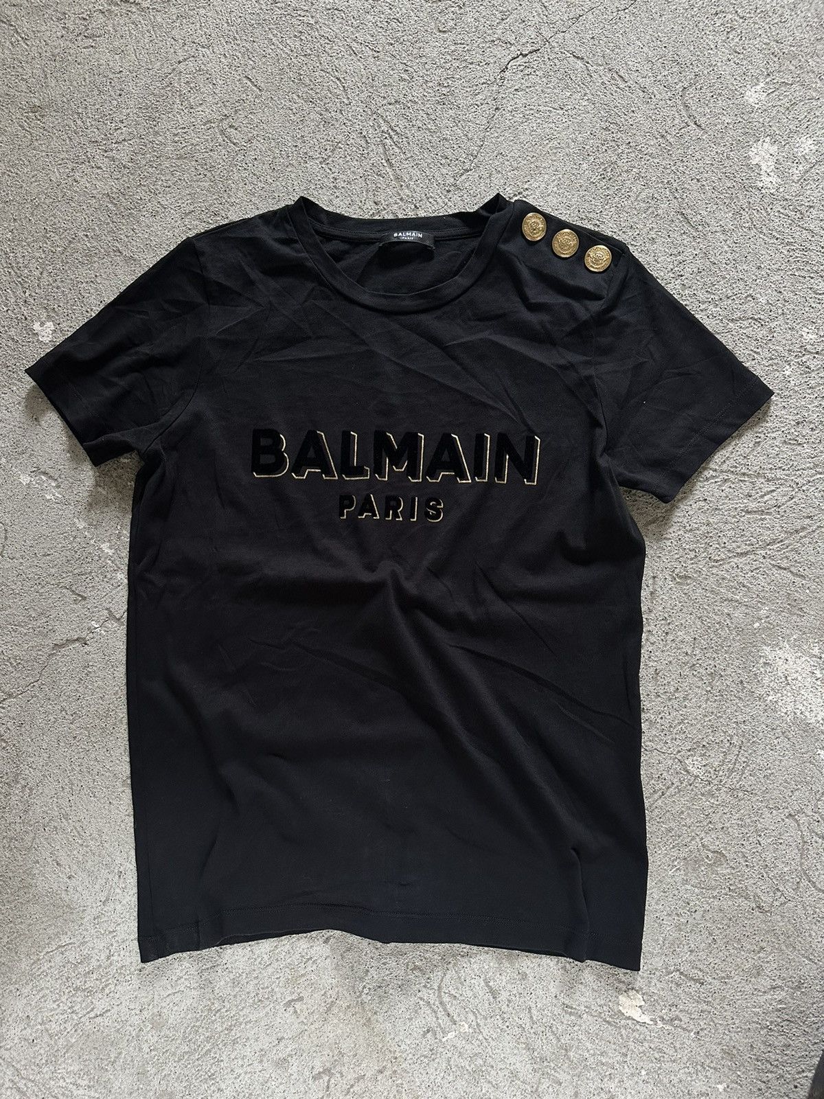 image of Balmain Printed Velvet Logo Femme Tee in Black, Women's (Size Small)