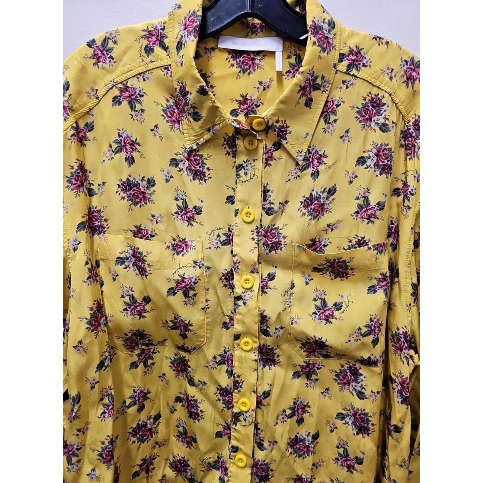 Vintage See By Chloe Yellow Floral Blouse Womens 38 Regular Long Sleeve Lace Ruffle Lightweight Casual Spring Summer Size XS / US 0-2 / IT 36-38 - 3 Thumbnail
