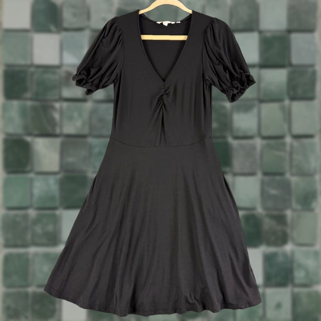 Boden Jersey Dress Womens 4 Black Short Puff Sleeve Stretch Pockets Dress  Jersey Black Puff Sleeve
