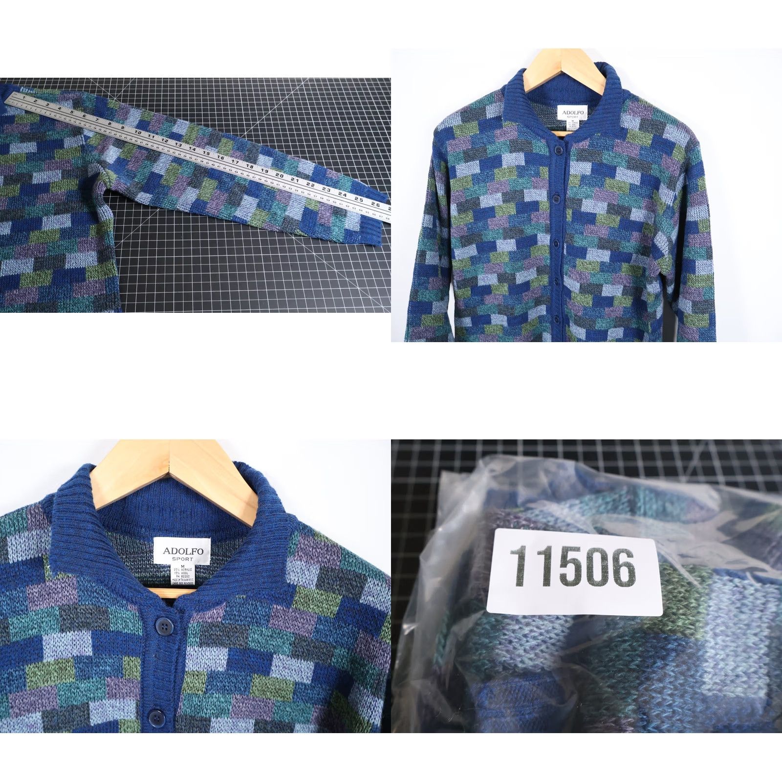 Vintage Adolfo Wool Blend Cardigan Women's Medium Blue Check Pattern Collared Sweater Size M / US 6-8 / IT 42-44 - 8 Thumbnail