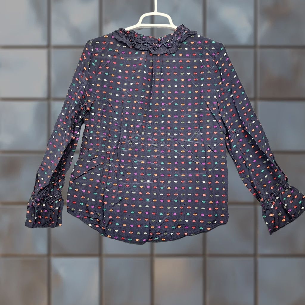 J.Crew J. Crew Blouse Navy Blue Silk Lip Print Long Sleeve 8P Petite Ruffle Button Shirt Womens Size M / US 6-8 / IT 42-44 - 1 Thumbnail