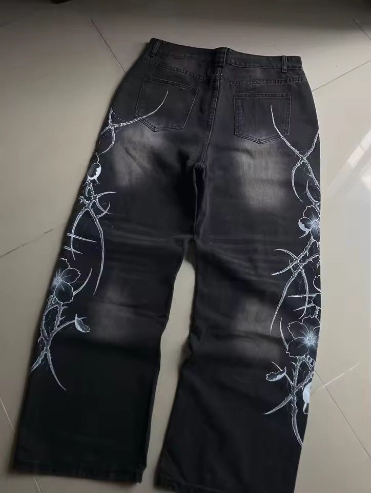 Jean printing flowers baggy jeans y2K harajuku trend Size US 31 - 1 Thumbnail