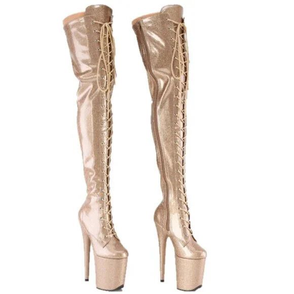 3020 Gold Glitter Patent 3020 Lace Up Thigh High Platform Bo
