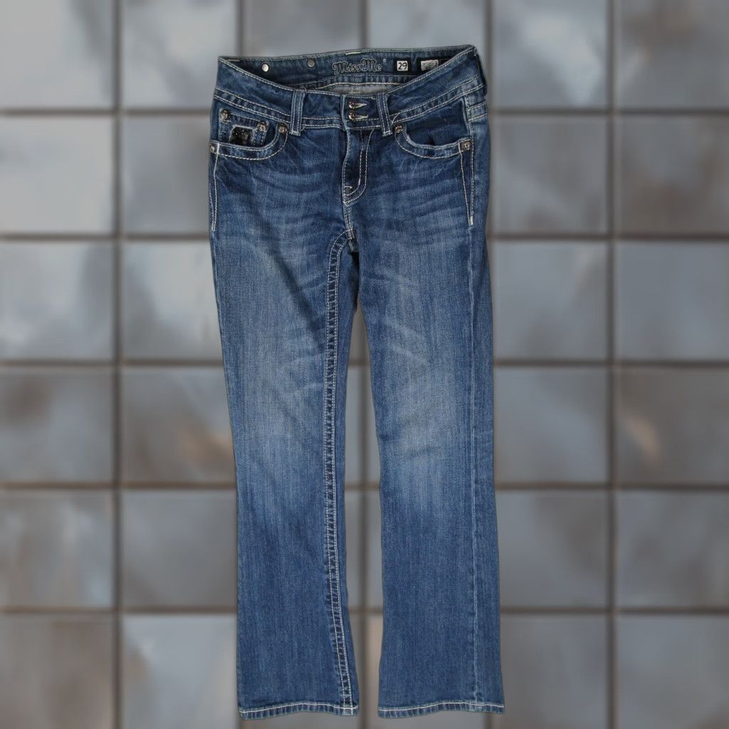 Miss Me Jeans Women Blue Low Rise Bootcut 29 Regular 29x32 Denim Rhinestone Pockets JP5002-2 Bedazzled 5-Pocket Cowboy Retro Vintage