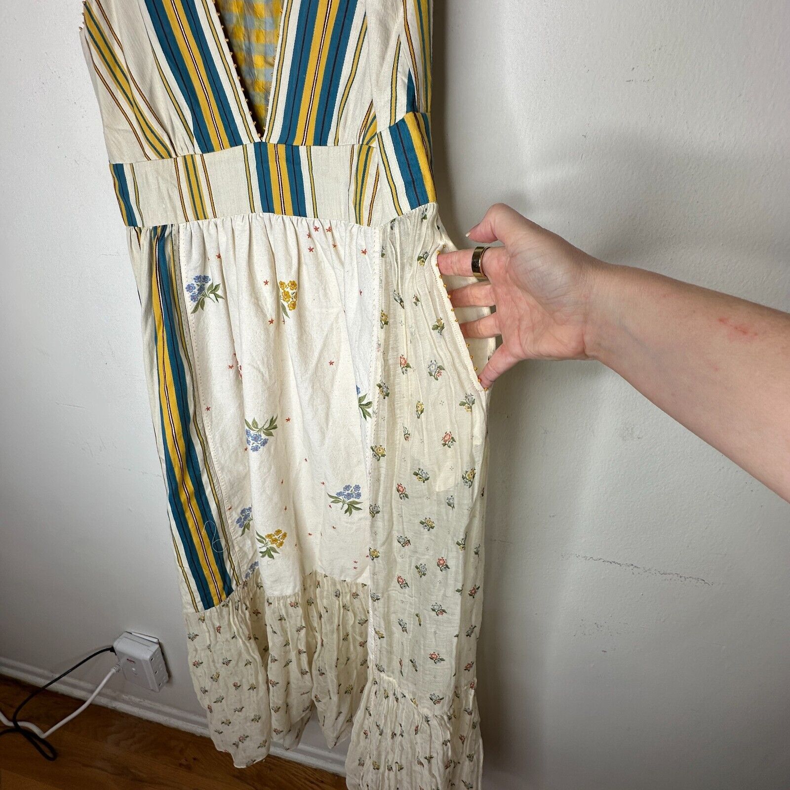 Other Pero Tan Teal Gold VNeck Floral Stripe Empire Ruffle Maxi 38 Size M / US 6-8 / IT 42-44 - 6 Thumbnail