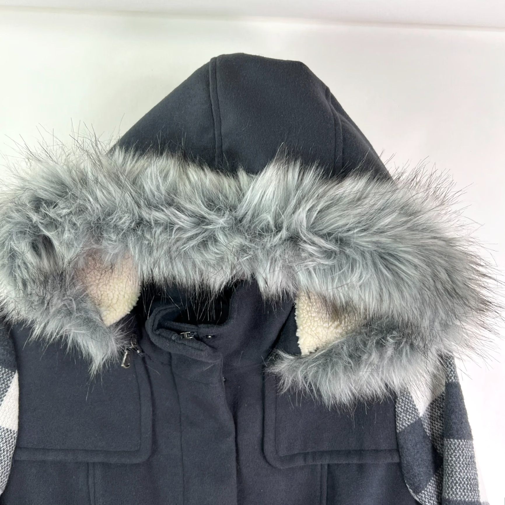 Vintage Celebrity Pink Jacket Women L Black/Gray Checkered Faux Fur Hood Detachable Hooded Softshell Mid-Length Zip Parka Regular Fit Size L / US 10 / IT 46 - 2 Thumbnail