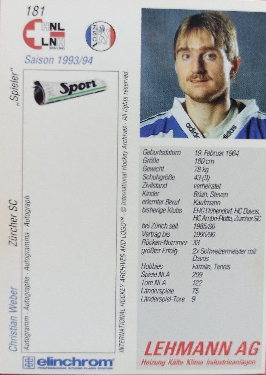 NHL ZSC Lions #33 Christian Weber 1992/1994 Away Jersey Vintage Size US XL / EU 56 / 4 - 6 Thumbnail