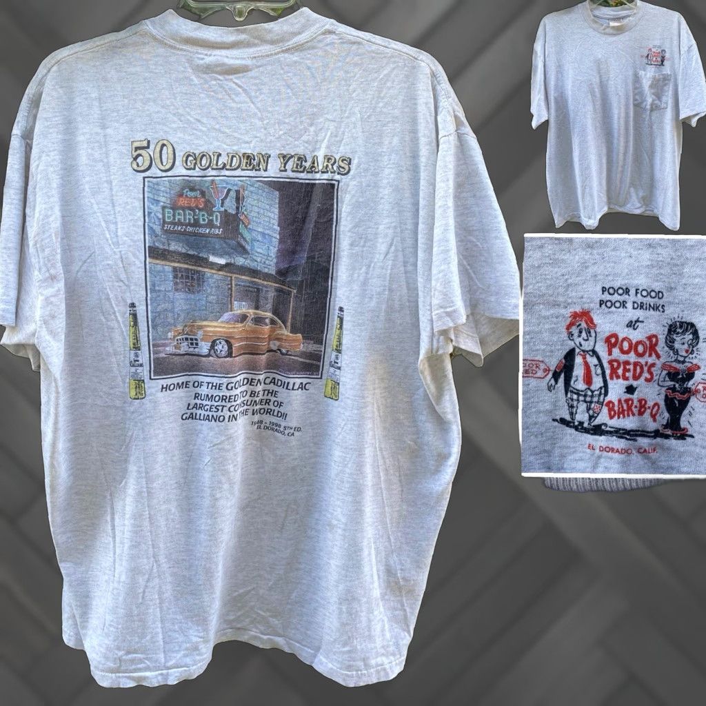 Vintage VINTAGE Oneita Poor Reds BarBQ 50 Golden Years Pocket Tee XL Red Mens T-Shirt California Cars 1990s Size US XL / EU 56 / 4 - 1 Thumbnail