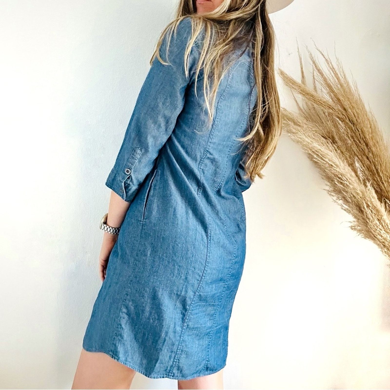 Chicos CHICOS Blue Denim Button 3/4 Mini Shirt Dress Tunic Pockets Size S / US 4 / IT 40 - 2 Thumbnail