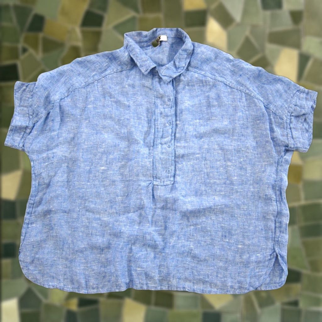 FLAX FLAX Blouse Shirt Blue Tunic Collared Short Sleeve Linen 100% Boxy Oversized Medium Womens Classic Bohemian Size M / US 6-8 / IT 42-44 - 1 Thumbnail