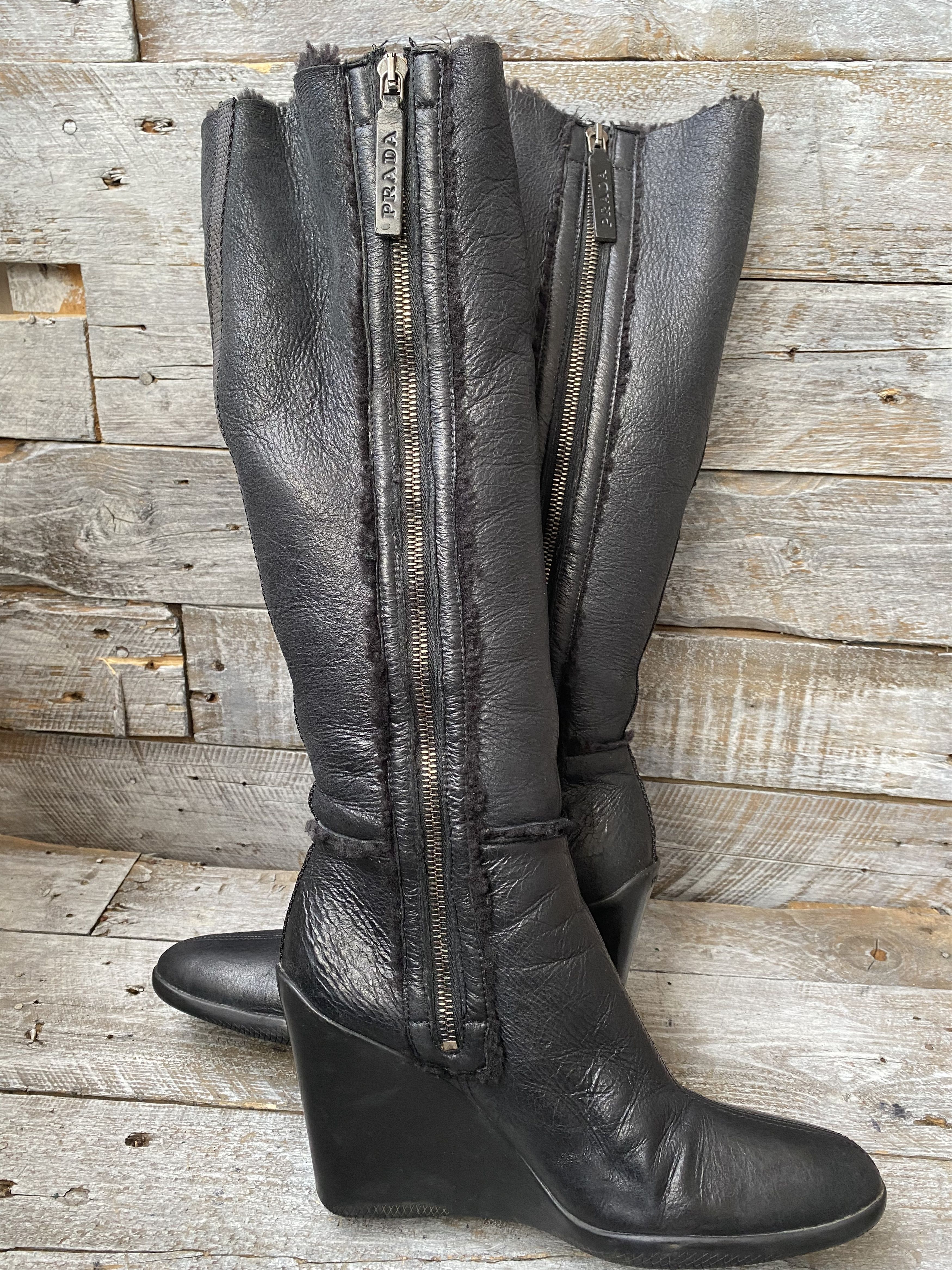 Prada Prada X Miu miu riding wedge boots, shearling sz 37 Size US 7 / IT 37 - 10 Thumbnail